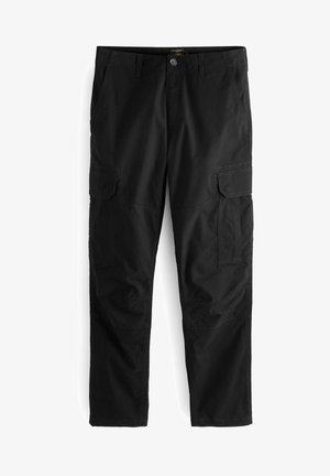 Zwarte cargo-broek gemaakt van duurzame stof, met meerdere zijzakken, een knoopsluiting en een recht model.