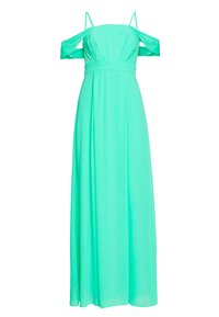 Mint vihreä, olkapäiltä avattu maksimekko, jossa on ohuet hihnat, virtaava siluetti ja istuva vyötärö. Pehmeä, kevyt kangas.