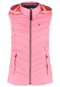 Rosa vadderad ärmlös väst med hög krage, centralt blixtlås och sidofickor. Har en blå logotyp och kontrasterande innerfoder.