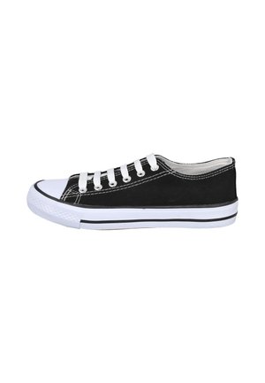 Zapatilla negra de lona de corte bajo con suela de goma blanca, puntera blanca, cordones blancos y costuras visibles sobre fondo blanco.