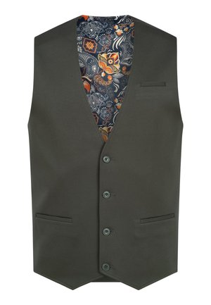 Gilet verde scuro con scollatura a V e cinque bottoni frontali. Presenta due tasche laterali e una fodera interna a motivi blu, arancione e bianco.