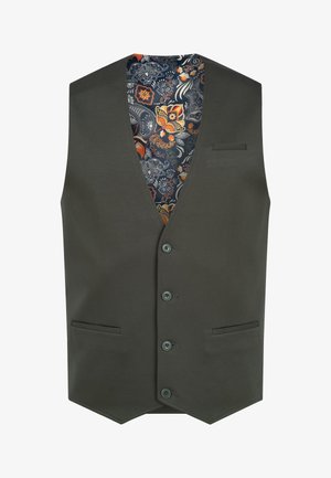 Dunkelgrüne Weste mit V-Ausschnitt und fünf vorderen Knöpfen. Sie verfügt über zwei seitliche Taschen und ein gemustertes Innenfutter in Blau, Orange und Weiß.