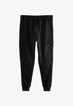 Black jogger pants made of soft fabric, featuring multiple zipped pockets and an elastic drawstring waistband for a secure fit.
