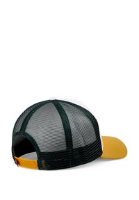 Casquette à dos en maille verte avec une visière jaune et un panneau avant blanc, dotée d'une sangle ajustable et d'une forme structurée pour un maintien sécurisé.