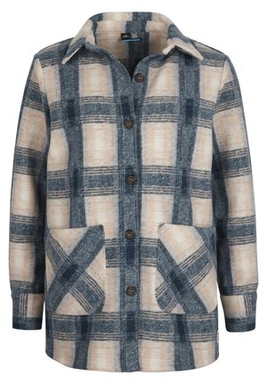 Jakke med knapper, lange ærmer, blå og beige ternet mønster og to forlommer med matchende ternet design.
