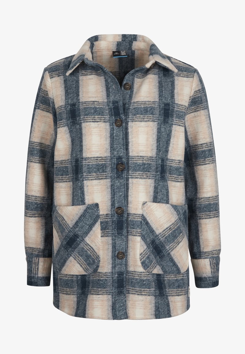 Veste boutonnée à manches longues avec motif à carreaux bleu et beige et deux poches avant avec motif à carreaux assorti.