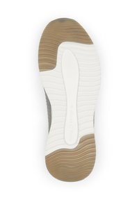 Semelle de chaussure avec une semelle en caoutchouc blanche et marron, des rainures incurvées pour l'adhérence, et une section centrale montrant la gravure de la marque.