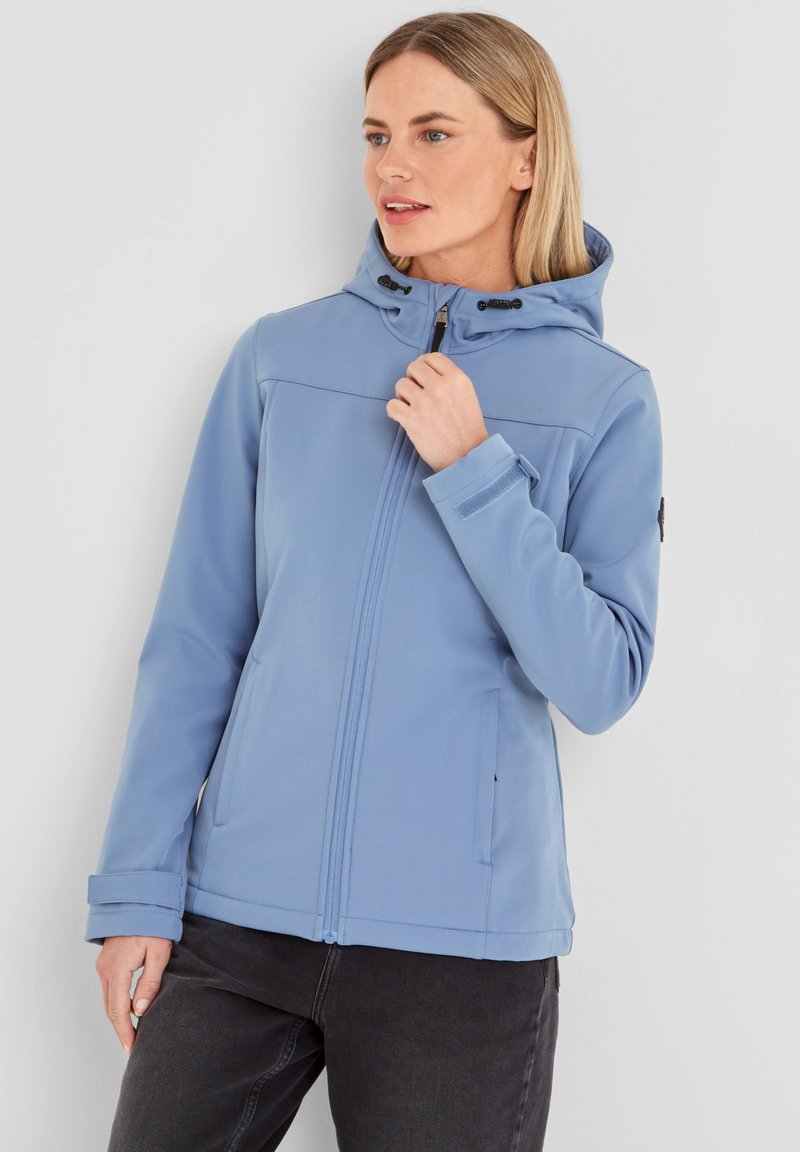 Light blue softshell jacket with a hood, zip closure, adjustable drawstring, and side pockets. Durable material with a smooth texture.