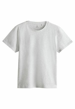 Camiseta de manga corta gris claro hecha de una tela suave y lisa con un sencillo escote redondo y sin patrones ni adornos visibles.