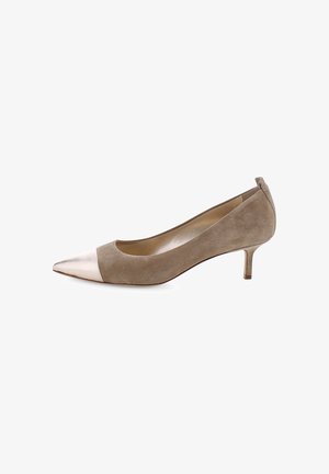 Beige Wildleder-Pumps mit einer metallisch goldenen Spitzenspitze und kleinem Absatz. Glatte Oberfläche mit kontrastierender, glänzender Kappen-Detail; elegantes Design.