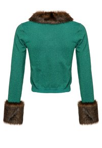 Pull à manches longues bleu sarcelle avec bordure en fourrure marron sur le col et larges poignets, montré de dos sur un fond blanc.