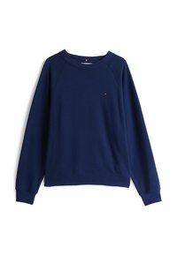 Sudadera de algodón azul marino con cuello redondo, mangas raglán largas y un pequeño logotipo en el pecho. Textura suave, ajuste relajado.