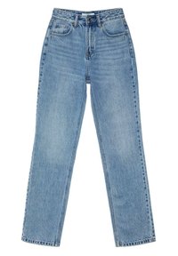 Jeans de mezclilla de tiro alto en azul claro con corte recto, cinco bolsillos y cierre de botón frontal. Presenta un ligero desgaste y detalles de costura.