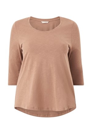 Long-sleeve top in soft, light brown fabric. Features a rounded neckline, relaxed fit, and a curved hem. Smooth texture, casual design.