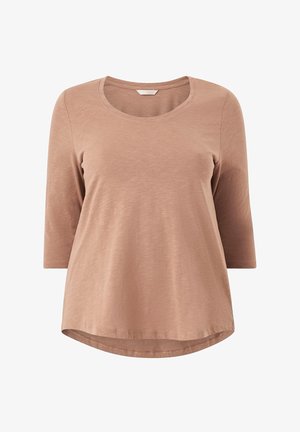 Langarmshirt aus weichem, hellbraunem Stoff. Mit einem runden Ausschnitt, lockerer Passform und abgerundetem Saum. Sanfte Textur, lässiges Design.