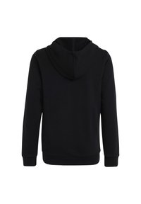 Sudadera con capucha negra, hecha de una suave mezcla de algodón. Presenta mangas largas, puños acanalados y un bolsillo tipo canguro. Diseño sencillo sin patrones.