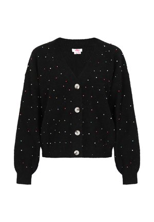 Zwarte gebreide cardigan met een V-hals, oversized pasvorm, zes metalen knopen en meerkleurige spikkels door de stof.