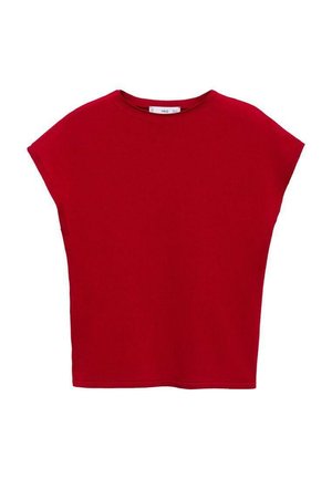 Haut rouge à manches courtes, ample, fabriqué en tissu doux. Il présente un col rond et des coutures d'épaule tombantes. Aucun motif ni embellissement.