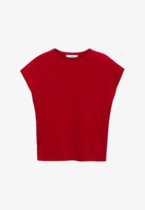 Haut rouge à manches courtes, ample, fabriqué en tissu doux. Il présente un col rond et des coutures d'épaule tombantes. Aucun motif ni embellissement.