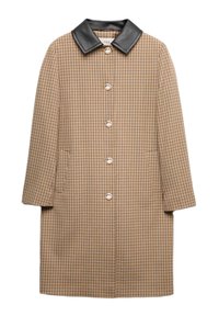 Cappotto a quadri in tonalità beige e marrone, con colletto in pelle nera, chiusura frontale a bottoni e tasche laterali. Maniche lunghe, taglio dritto.