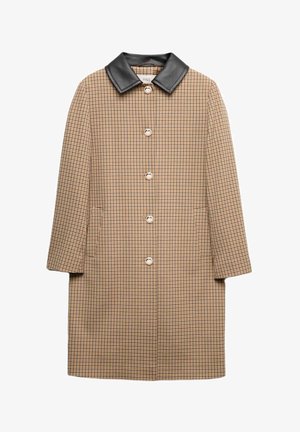 Checkered coat in tan and brown colors, featuring a black leather collar, front button closure, and side pockets.  Long sleeves, straight cut.