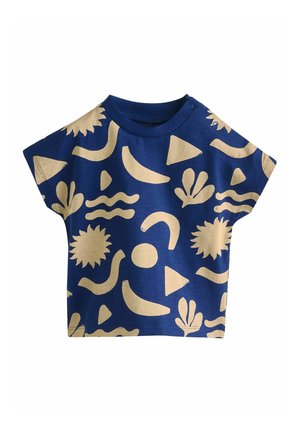 Navy blue t-shirt with cap sleeves, featuring yellow abstract shapes and patterns, including suns, curves, and geometric forms.