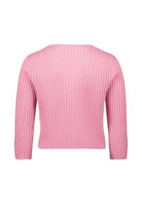 Pull en tricot côtelé rose à manches trois-quarts, avec un col rond et une texture douce arborant un léger scintillement.