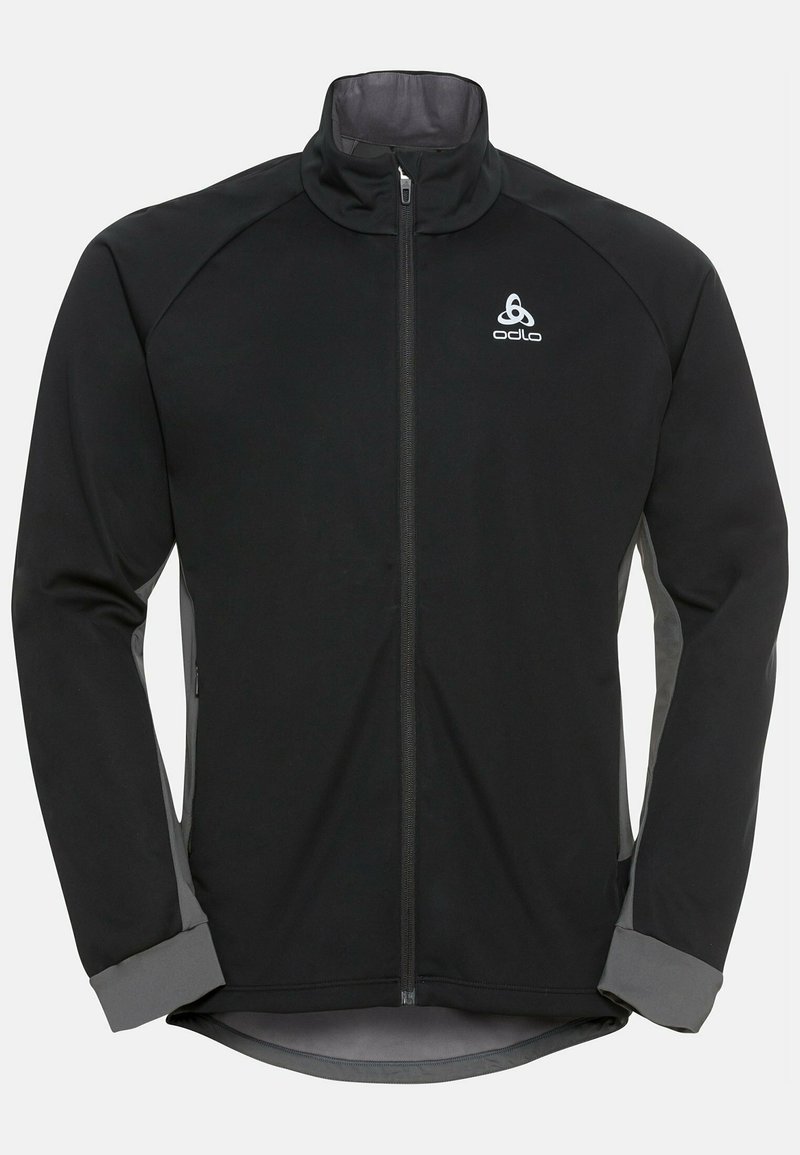 Schwarze Softshell-Jacke mit grauen Akzenten, hohem Kragen, durchgehendem Reißverschluss und Logo auf der Brust. Verfügt über eng anliegende Bündchen und eine glatte Textur.