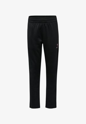 Sorte joggingbukser med elastisk taljebånd, tætsiddende pasform og en lille lyserød logo på siden. Blødt stof med en glat tekstur.