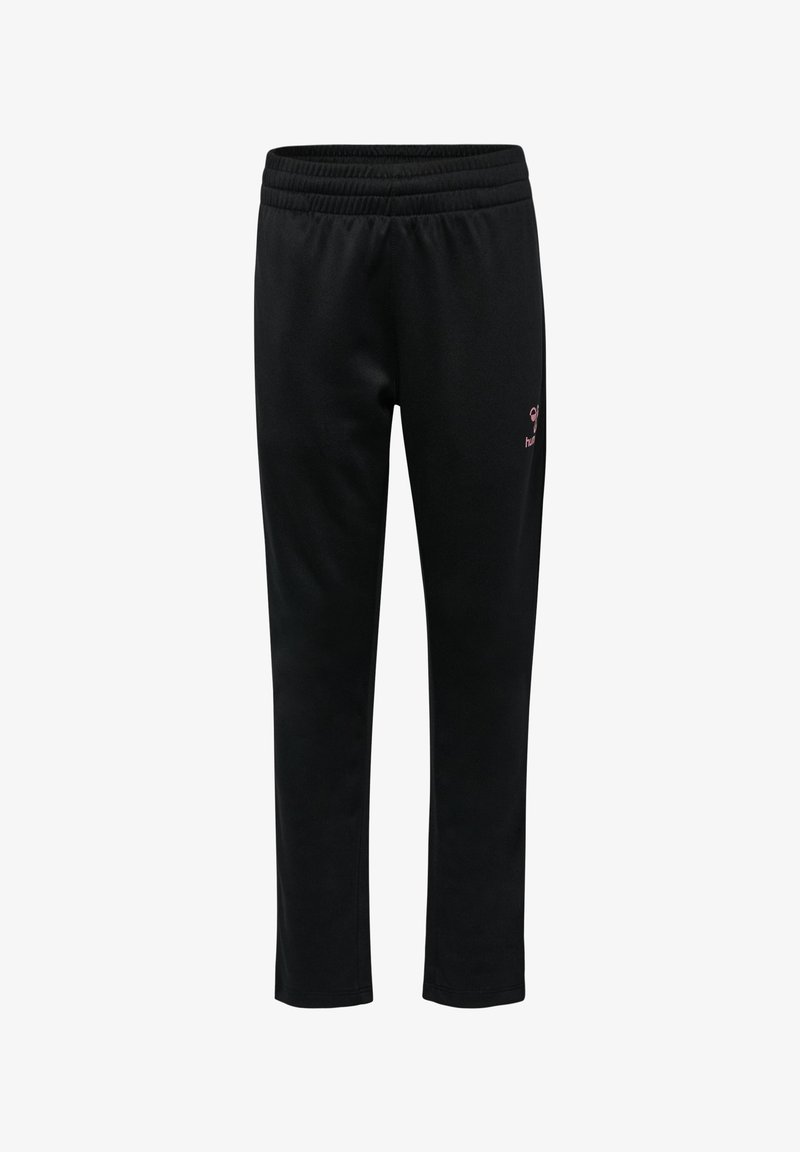 Schwarze Jogginghosen mit elastischem Bund, schmaler Passform und kleinem pinkfarbenem Logo an der Seite. Weicher Stoff mit glatter Textur.