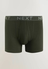 Chiloți tip boxer verde măsliniu cu talie elastică gri, având logo-ul „NEXT”, realizați dintr-un material neted, cu un design conținut.