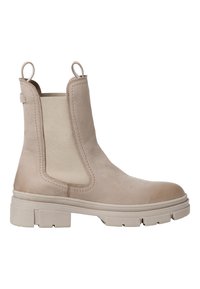 Beige kožené Chelsea boty s elastickými bočními panely, zvýšeným podpatkem a hrubou podrážkou. Mají ozdobné švy a poutka na patě.