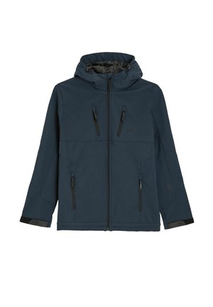 Granatowa kurtka softshell z kapturem, zamkiem błyskawicznym z przodu i wieloma kieszeniami zapinanymi na zamek. Gładka tekstura z kontrastującymi zamkami.