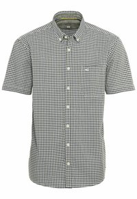 Korte mouw zwart-wit geruite button-up shirt met een borstzak en een geknoopte kraag, maat medium.