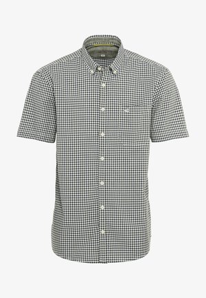 Camicia a maniche corte a scacchi in bianco e nero con taschino frontale e colletto con bottoni, taglia media.