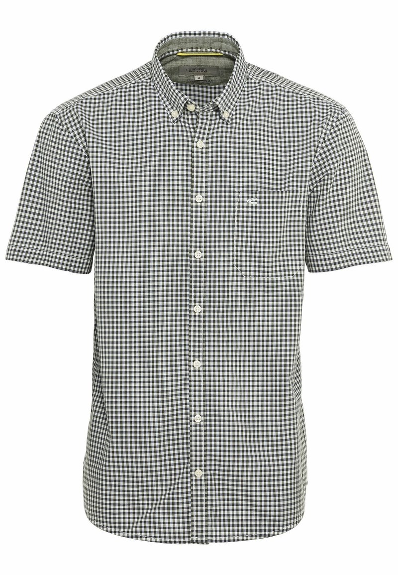 Korte mouw zwart-wit geruite button-up shirt met een borstzak en een geknoopte kraag, maat medium.