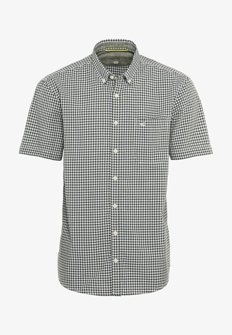 Korte mouw zwart-wit geruite button-up shirt met een borstzak en een geknoopte kraag, maat medium.