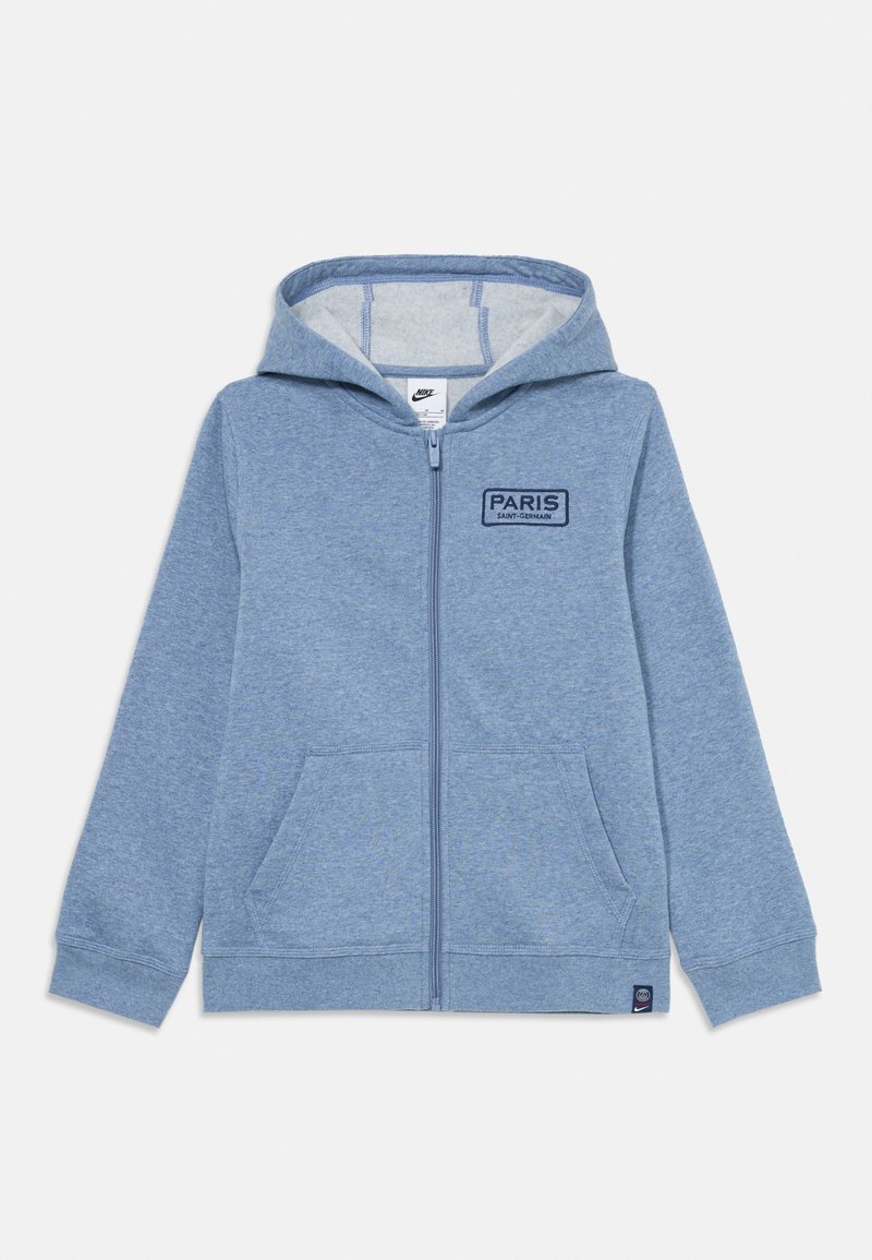 Felpa blu con zip realizzata in tessuto morbido, dotata di una tasca frontale, cappuccio e logo del Paris Saint-Germain in blu scuro.