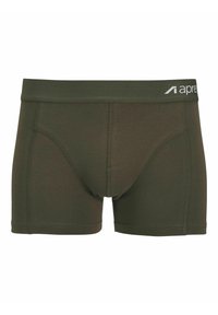 Olivgrüne Herren-Boxershorts mit einem breiten elastischen Taillenbund, der den Markennamen trägt. Aus glattem Baumwollmischgewebe mit flachen Nähten.