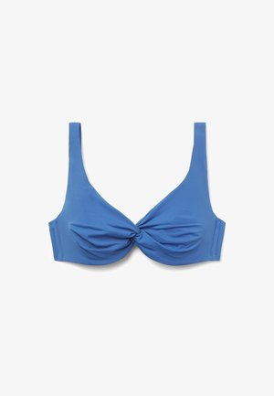 Blauer Bikini-Oberteil mit breiten verstellbaren Trägern, einem verdrehten Frontdesign und glattem Stoff. Geeignet für Schwimmbadgebrauch.