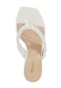 White heeled sandal with a braided strap design, square toe, and a smooth beige insole. Features a Dune London logo in gold.