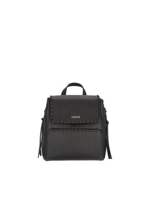 Schwarzer Leder-Rucksack mit Tragegriff oben, Klappverschluss, dekorativen Nähten, seitlichen Quasten und "Liu Jo" Logo auf der vorderen Klappe.