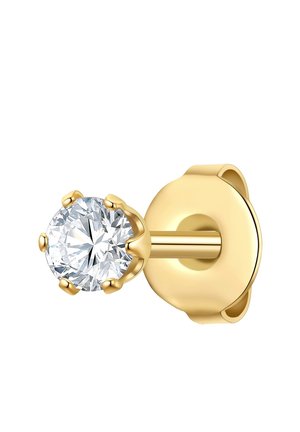 Zlati uhani s studom z okroglo, brušeno prozorno kamnom. Oprema ima šest krakov in varen zaključek za nošenje.