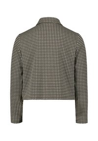 Bruine en witte korte jas met een hounds-tooth patroon, lange mouwen en een kraag; gestructureerde stof met een gladde afwerking.