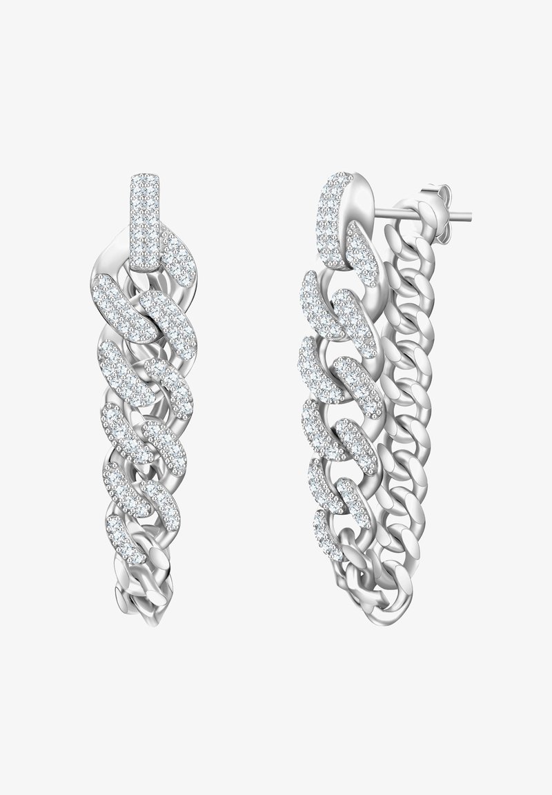 Pendientes de cadena de plata con eslabones entrelazados y acentos de cristal, textura suave y un diseño moderno.
