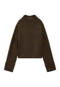 Pulover scurt, cu jerseu ribat, de culoare maro, cu guler înalt și manșete late, cu pliere. Design simplu și țesătură texturată. Fără închideri sau modele.