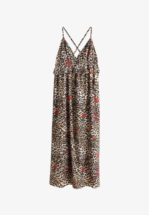 Langes Leopardenmuster-Kleid mit roten Blumen- und Herzmustern, mit dünnen, überkreuzten Schulterträgern und einem gerafften Dekolleté.