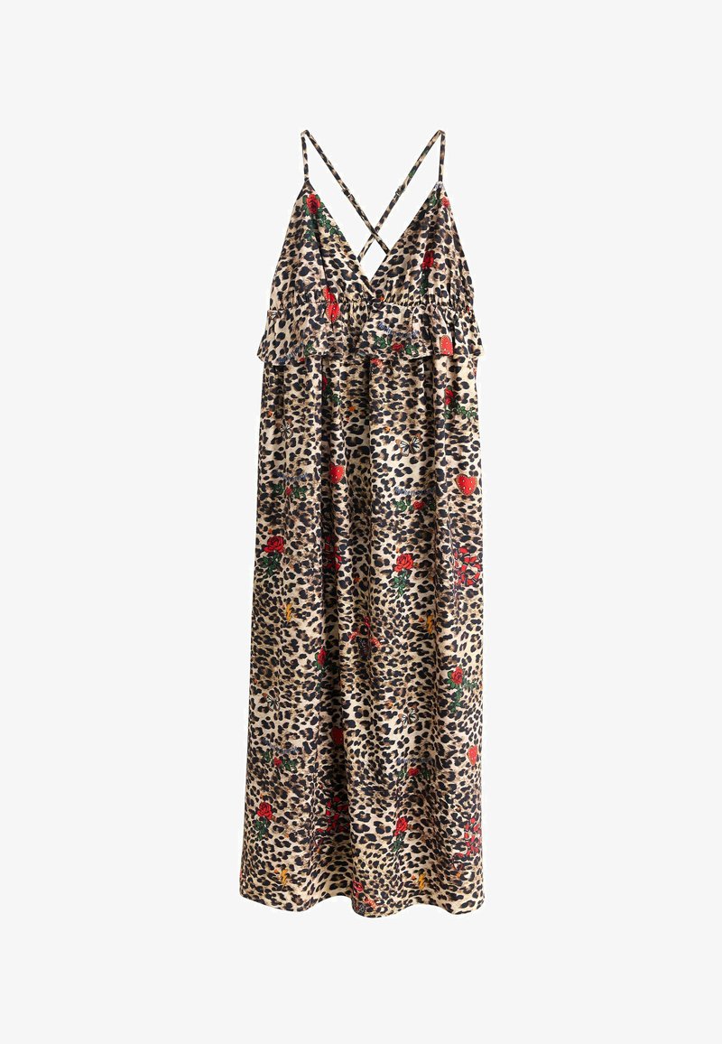 Dlhé leopardie šaty s červenými kvetinovými a srdcovými vzormi, s tenkými prekríženými ramennými pásikmi a volánikovým výstrihom.