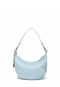 Světle modrá kožená kabelka přes rameno s oblým tvarem, zipovým uzávěrem a dekorativními květinovými prvky se značkovým kováním a odnímatelným přívěskem.