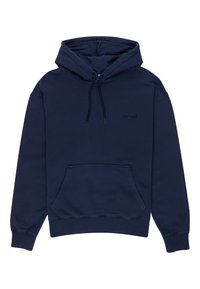Felpa blu navy realizzata in tessuto morbido, con tasca a marsupio, cappuccio regolabile con cordino e dettaglio del logo sul petto.